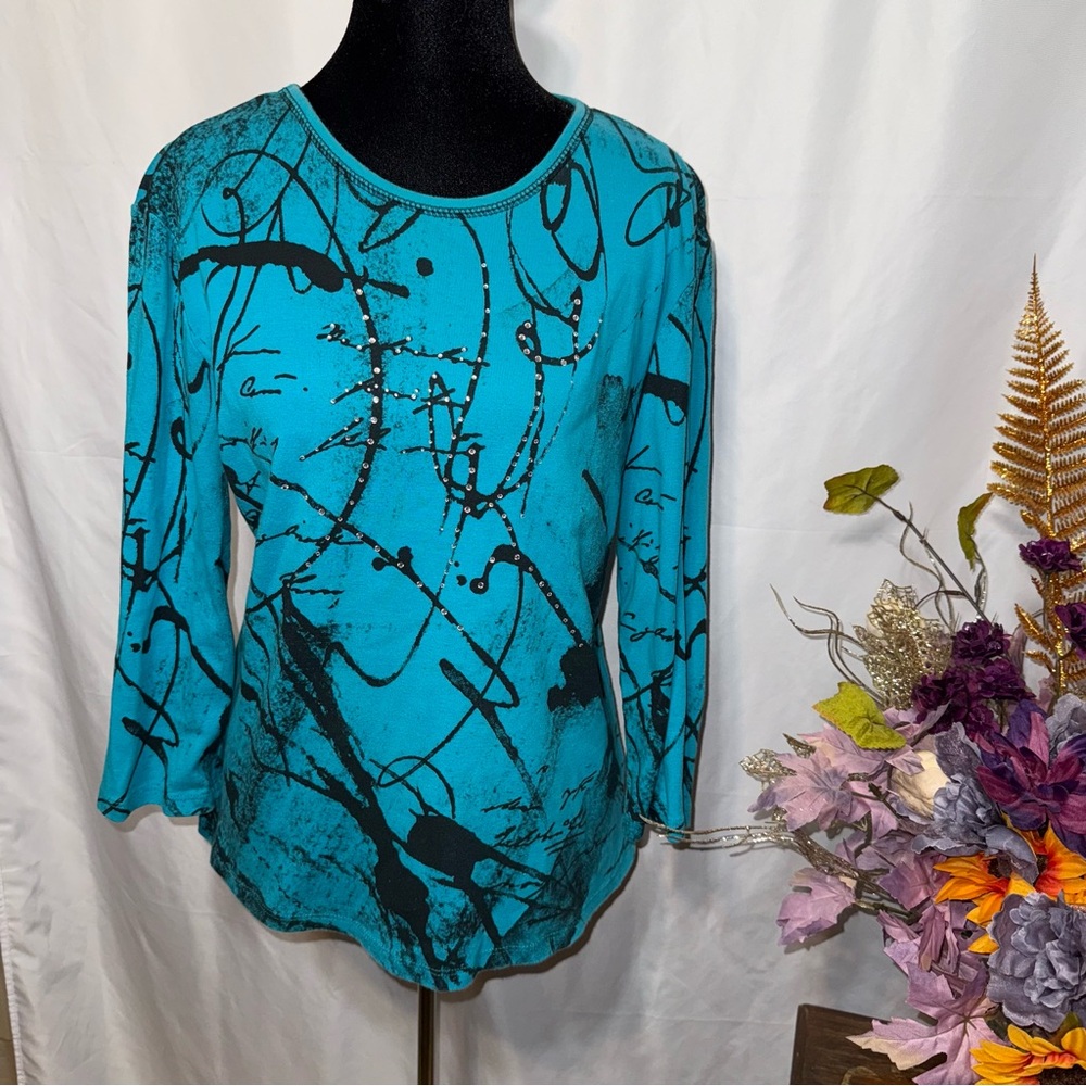 Jess & Jane Teal Abstract Scroll Print Rhinestone Tunic Top Medium